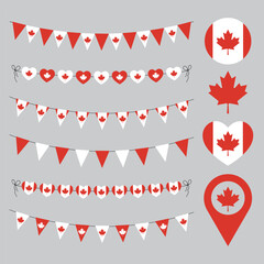 Canada day decorative elements isolated on grey background, national holiday vector garlands, emblems and badges for Canadian parade, party