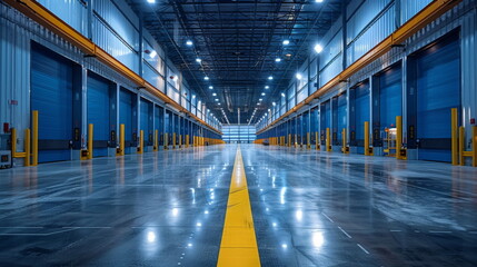 Spacious Warehouse Interior With Yellow Line on Floor - 774027883