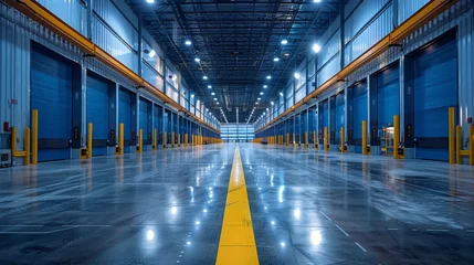 Rolgordijnen Spacious Warehouse Interior With Yellow Line on Floor © Prostock-studio