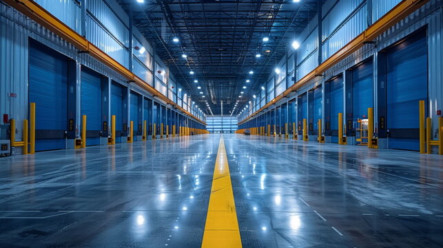 Spacious Warehouse Interior With Yellow Line on Floor
