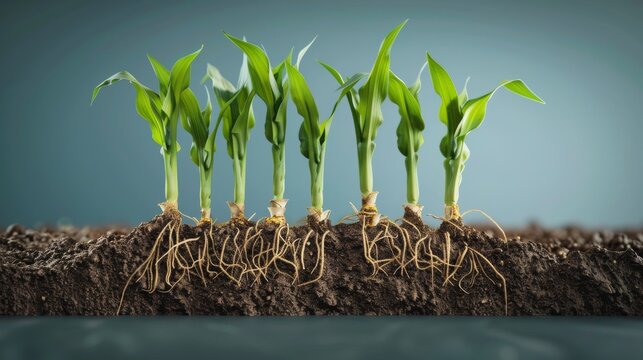 With roots, green corn plants populate the ground in a 3D cross-sectional view
