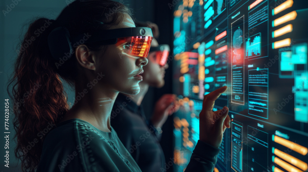 Poster business process management, a woman wearing a virtual reality headset touches an interactive hologr