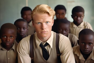 African children and white blond man teacher