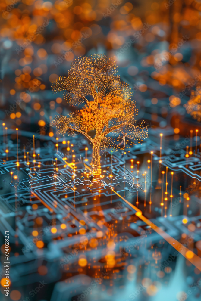 Poster business intelligence discovery, a visually striking representation of a golden tree with intricate 
