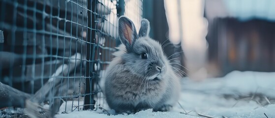 fluffy young gray rabbit sitting outside the cage