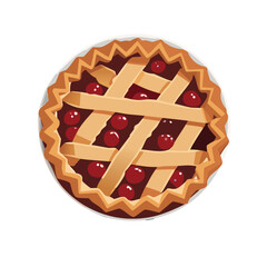 vector image, illustration of top view of summer time cherry pie isolated on a white background with copy space