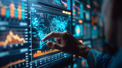 Global Performance management, Close-up image of a person's hand interacting with a futuristic digital interface showing graphs, world map, and data analytics.