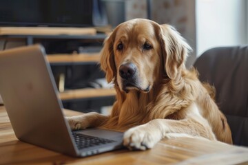 Golden retriever at a laptop, working, looking at the browser. Dog in a bright office