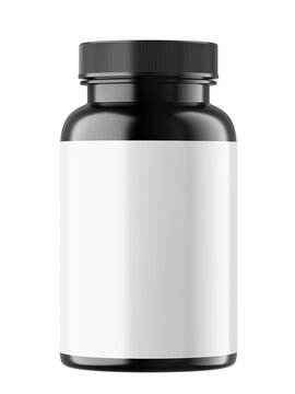 Realistic Black supplement bottle with white label isolated on a white background. Pills bottle with white label.