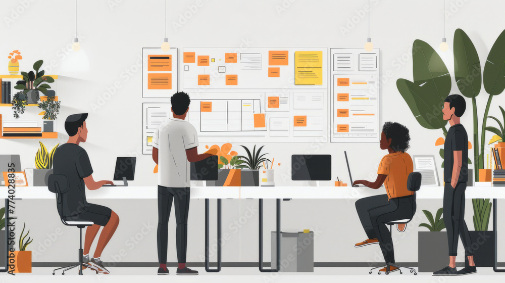 Poster agile management, modern office setting with four professionals engaging in various tasks. one indiv