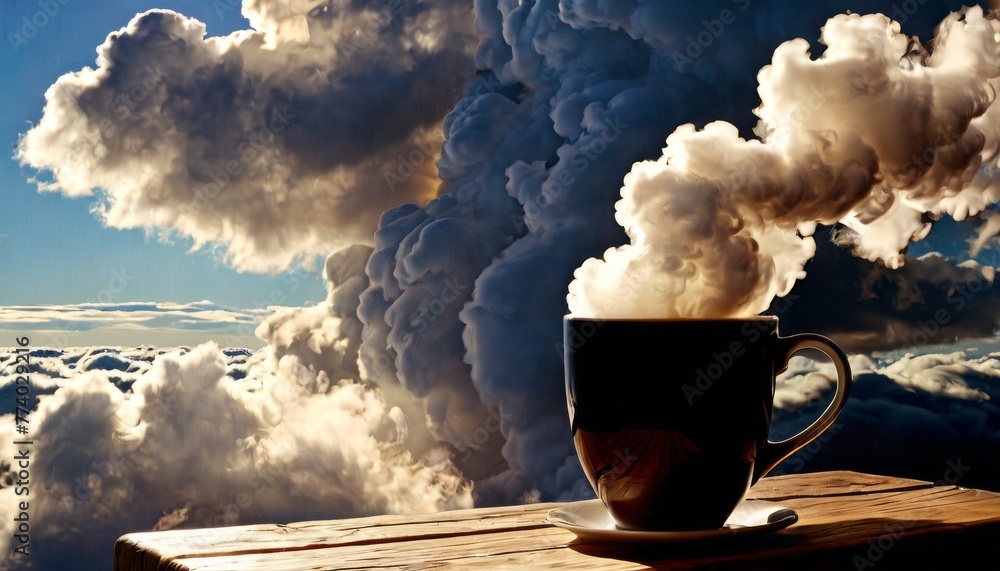 Poster an artistic composition featuring a coffee mug on a wooden surface, seemingly at cloud level with st