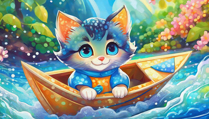 oil painting style cat in the boat - obrazy, fototapety, plakaty