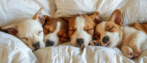 Happy puppies are sleeping in the bed