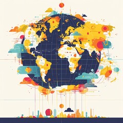 Colorful Pins on Simplified World Map for Travel Marketing