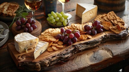 Cheese platter with grapes, crackers and wine on wooden table