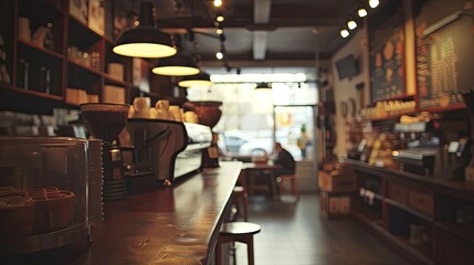 Coffee shop blurred background with bokeh - obrazy, fototapety, plakaty
