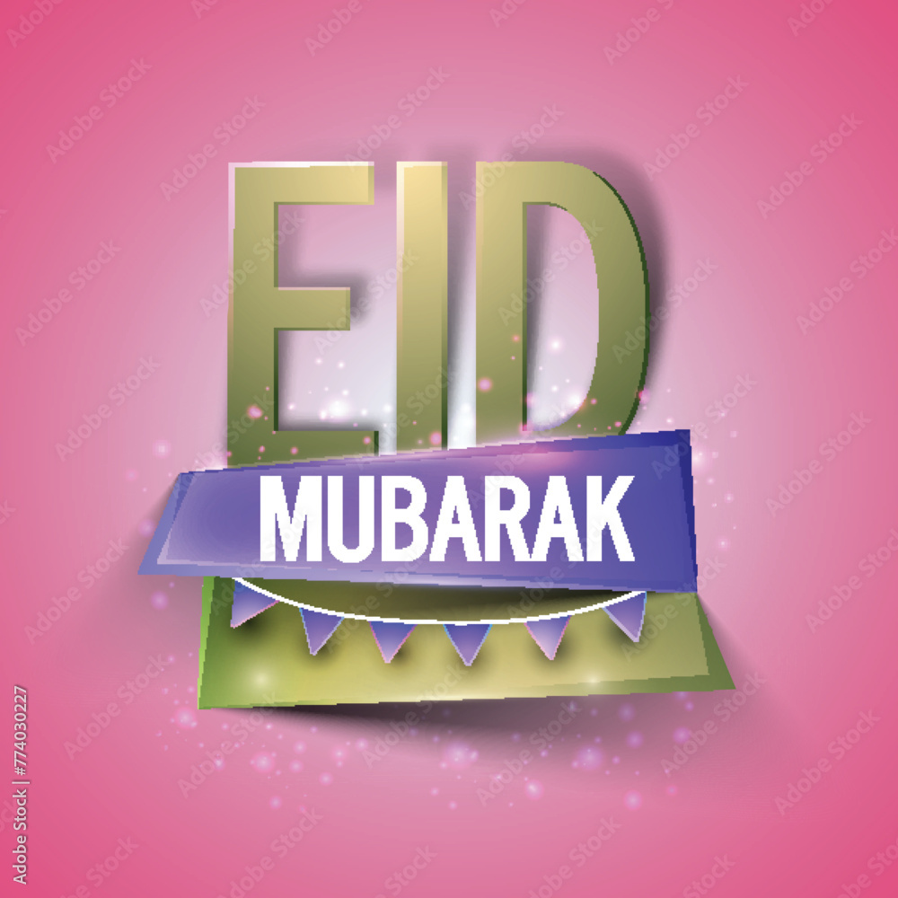 Sticker Elegant shiny paper text Eid Mubarak with glossy banners for Muslim Community Festival celebration.