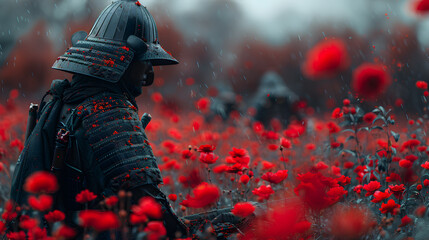 Samurai Amidst Fiery Red Poppies: A Blend of Tranquility and Warfare