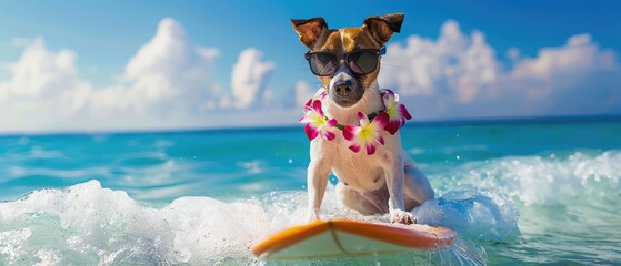 jack russell dog surfing on a wave , on ocean sea on summer vacation holidays, with cool sunglasses and flower chain