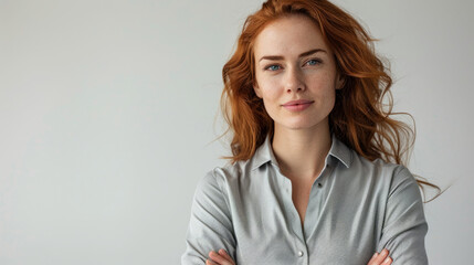 Fototapeta premium Confident young woman with red hair and freckles standing against a neutral background, arms crossed, wearing a casual gray shirt, looking directly at the camera with a soft smile.