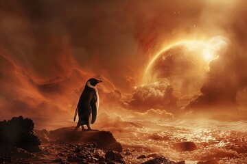 Global warming depicted with wandering penguin, hot earth, fiery landscape, stark and urgent message