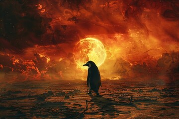 Global warming depicted with wandering penguin, hot earth, fiery landscape, stark and urgent message