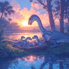 Heartwarming Scene of Parental Care – A Family of Maiasaura Nurtures Their Baby - obrazy, fototapety, plakaty
