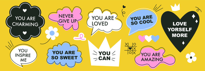 Self love quotes. Set of speech bubbles with compliment phrases. Bright colored stickers collection. Flat vector isolated illustration - 774031200