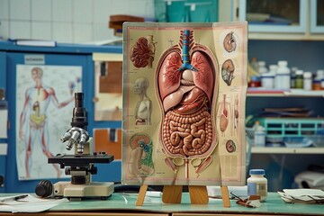Anatomical poster with vessels of the human body. The poster is placed on the wall of a medical office or classroom. There are organ models and medical instruments nearby