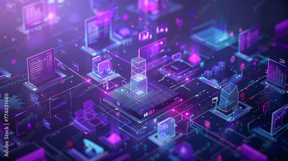 Poster process management, futuristic digital landscape depicting a vibrant and complex cyber world with a 