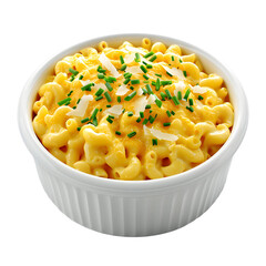 Classic mac and cheese elevated with the addition of white truffle oil, shaved Parmesan, and a hint of fresh chives, 3D Render illustration.