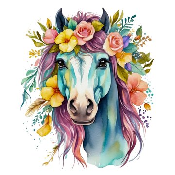 Watercolor illustration portrait of a cute adorable horse animal with flowers on isolated white background.

