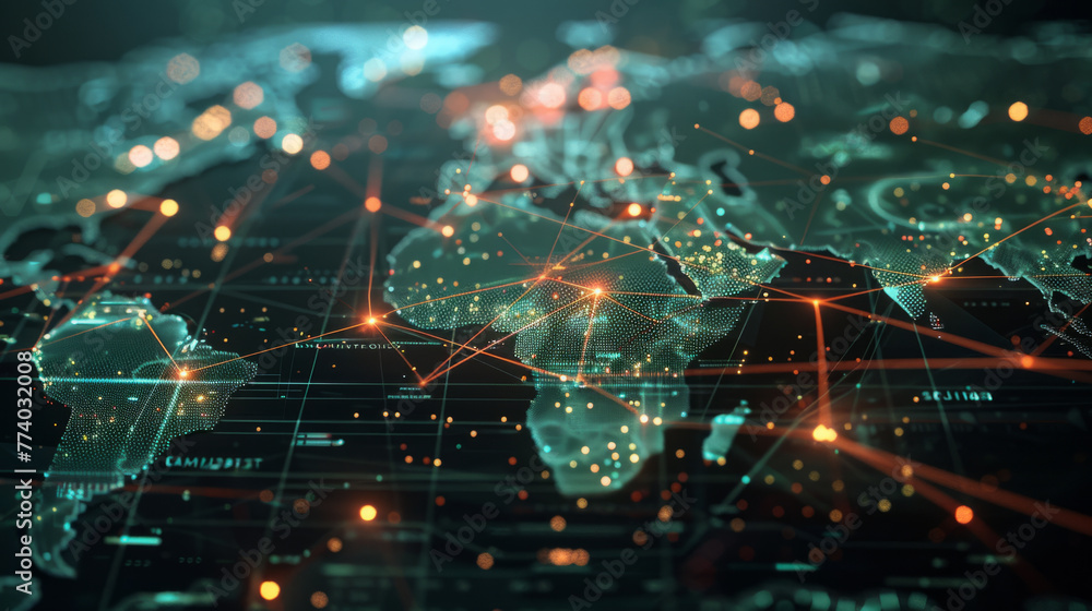 Poster global network business , digital depiction of a global network with glowing connections and data fl