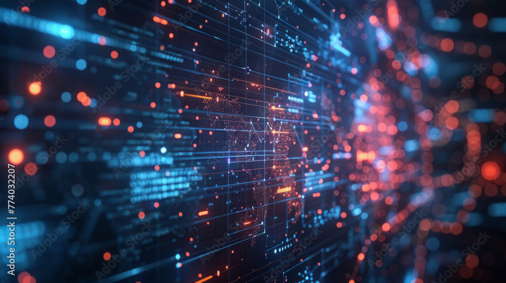 Aufkleber business intelligence, abstract digital background with a three-dimensional pattern of glowing red d