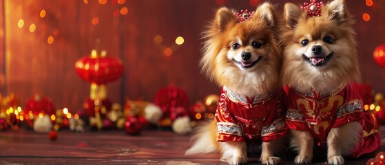 Purebred pomenarian dogs dressed in Chinese New Year costume with the word Luck to ursher the...