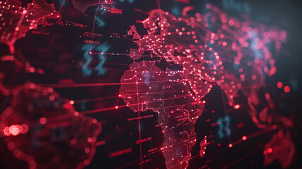 Global network, A high-resolution digital image of a world map with glowing red data connections and geographical outlines symbolizing global networks, technology - obrazy, fototapety, plakaty