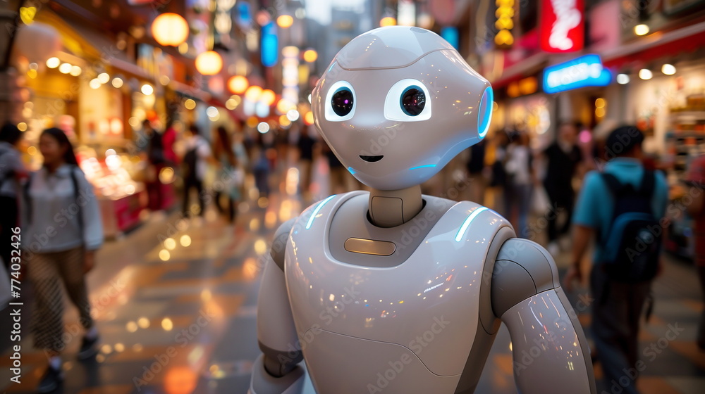 Poster Robot Standing in Crowded Street