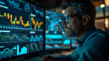 Professional man intently analyzes data on multiple computer screens displaying colorful financial charts and graphs in a dark office environment.