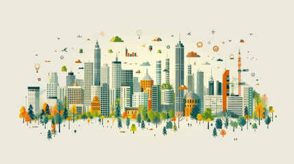 Corporate Social Responsibility (CSR), Illustration of a vibrant and whimsical cityscape blending urban architecture with nature and various playful elements.