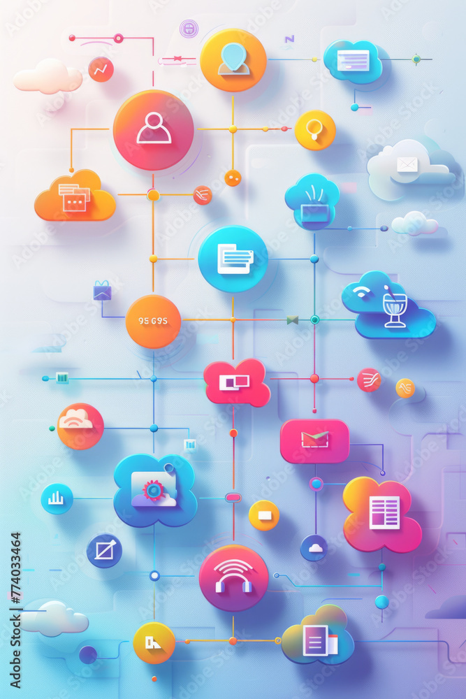 Poster workflow management, abstract illustration of a colorful network system, with various technology and