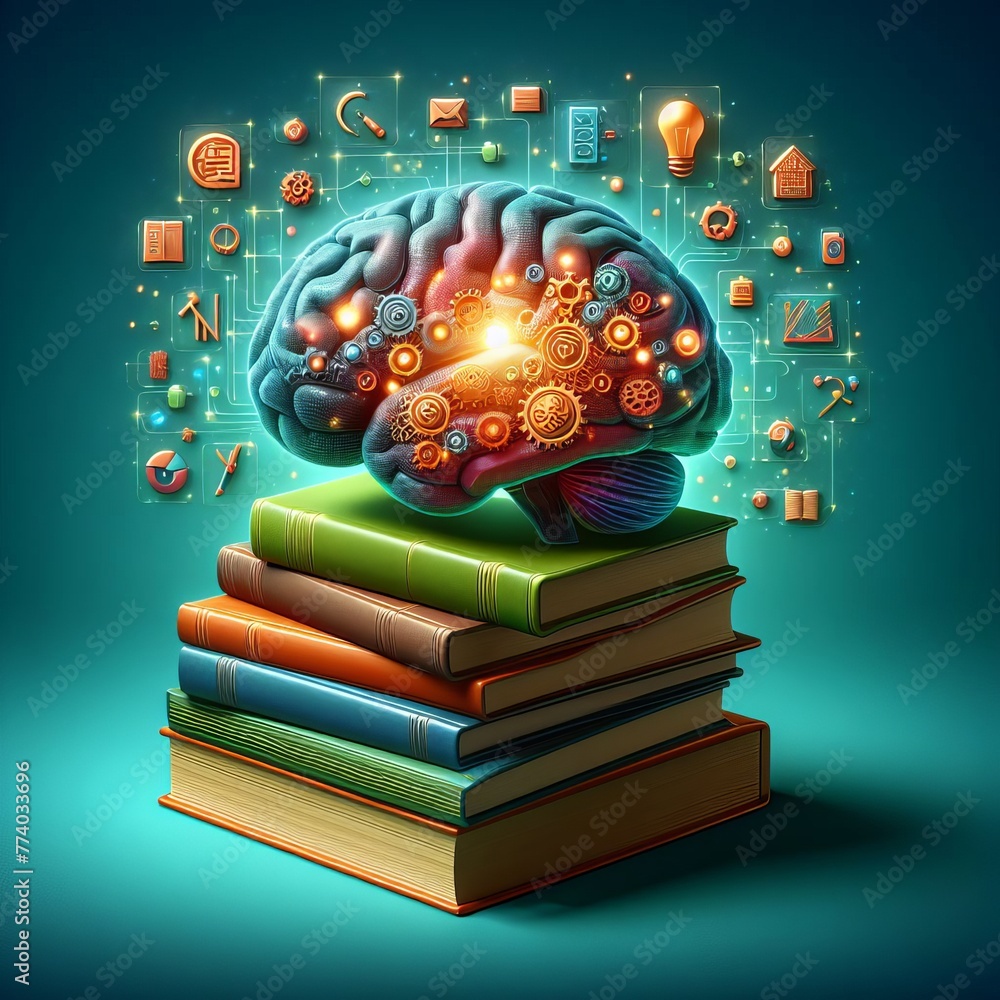 Poster artistic representation of a brain illuminated with various symbols of innovation, resting on a pile