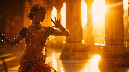 The silhouette of an indian dancer in front of the sunset inside a temple