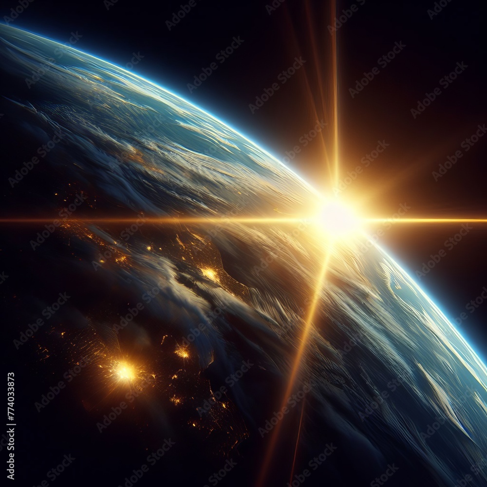 Poster the planet bathed in a brilliant sunburst, with light diffusing through its atmospheric layers ai ge