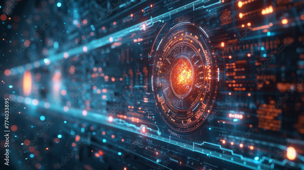 Poster a dynamic stock photo showcasing an abstract concept of technology and data with a glowing, fiery or