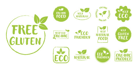 Organic food. Set of Eco, Free gluten, Natural 100%, Eco Friendly, Organic product, Vegan. Vector health food badges, label - 774033837