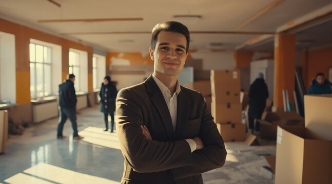 A handsome smiling middle-aged businessman stands with his arms crossed and looks at the camera, behind him is an office space filled with boxes and busy working people, a small business