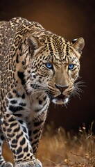 A magnificent leopard strides forward, its piercing blue eyes and striking spots showcasing its predatory prowess in its natural habitat. AI generation