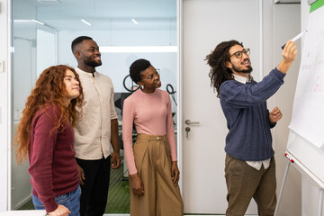 Diverse team engaged in a collaborative office meeting