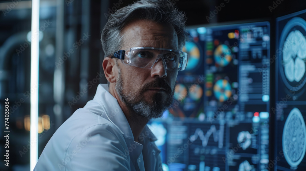 Aufkleber a focused man wearing augmented reality glasses stands in front of multiple screens displaying brain