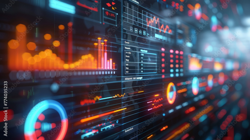 Poster performance management and measurement, a vibrant stock market analytics display with glowing graphs